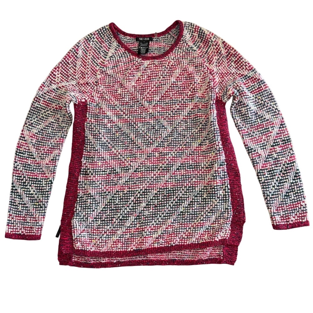 NIC+ZOE Womens Red Multi Textured Knit Side Zip Crew Neck Sweater Size S